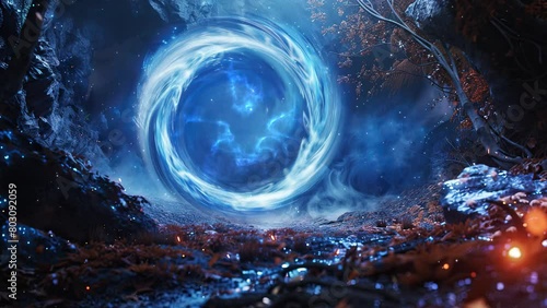 Magical portal door in dark forest. Brightly colored blue fairy. 4k fantasy video. For fantasy and epic music video.