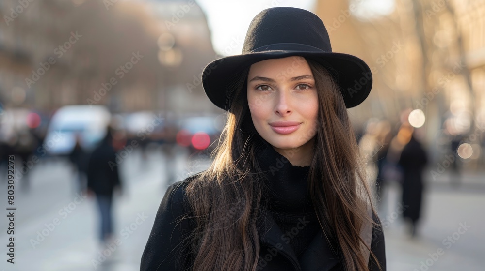 Portrait of beautiful french woman in front of Paris city street on the background Portrait of beautiful french woman in front of Paris city street on the background