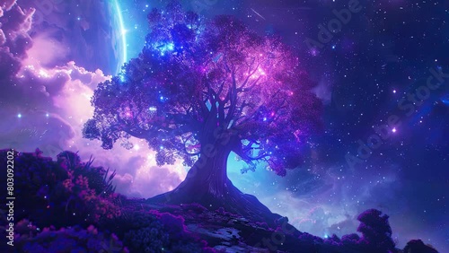 Beautiful tree with blue firefly and colorful ambiance. 4k Fantasy video. Loop animation for relaxing music video