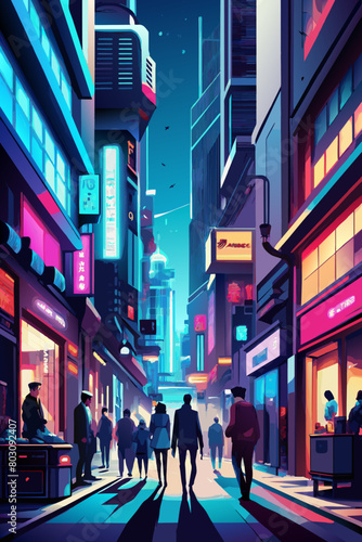 Vibrant Cyberpunk Cityscape with Neon Lights and Pedestrians