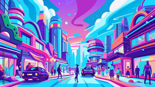 Vibrant Neon Cityscape with Dynamic Sky and Urban Life