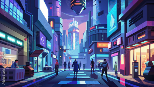 Vibrant Cyberpunk Cityscape at Twilight with Pedestrians