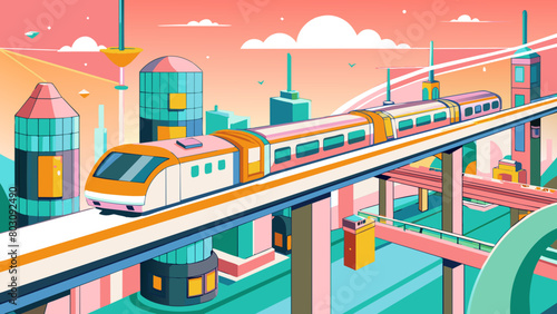 Futuristic Cityscape with Elevated Train and Pastel Sky