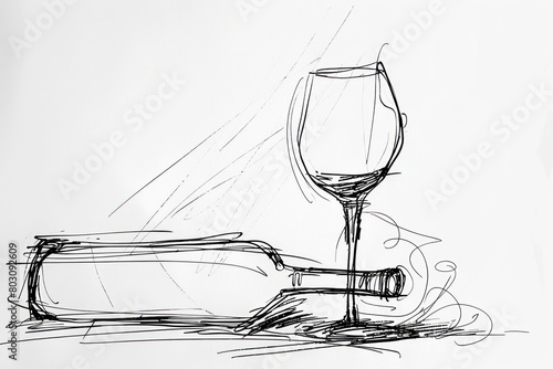 Simple line drawing of a glass of wine and a bottle of wine. Wine aesthetics. Isolated white background