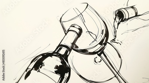 Simple line drawing of a glass of wine and a bottle of wine. Wine aesthetics. Isolated white background