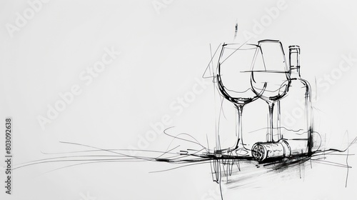 Simple line drawing of a glass of wine and a bottle of wine. Wine aesthetics. Isolated white background