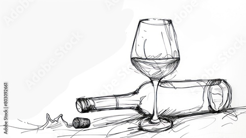 Simple line drawing of a glass of wine and a bottle of wine. Wine aesthetics. Isolated white background