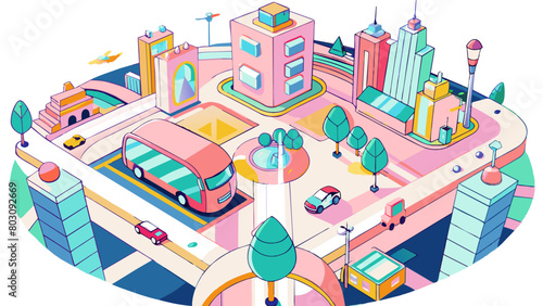 Colorful Isometric Cityscape with Autonomous Vehicles and Modern Urban Design
