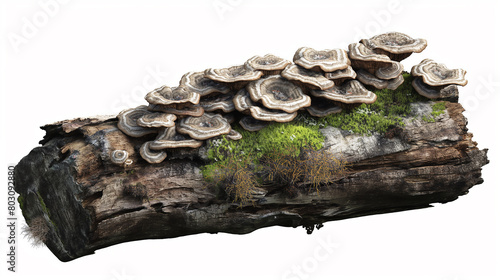  a variety of mushrooms growing on a rotting log. The mushrooms are tan and brown, and the log is gray and brown. There is also some moss growing on the log.