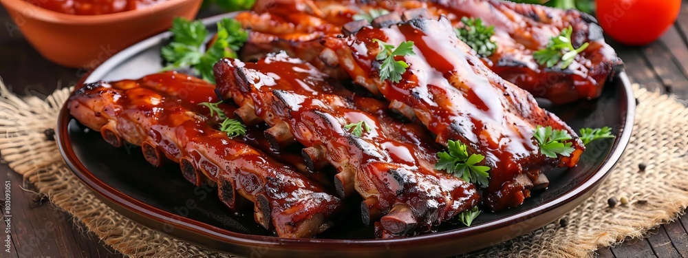 plate of fried ribs with sauce, Generative AI, plate of fried ribs with sauce, Generative AI,