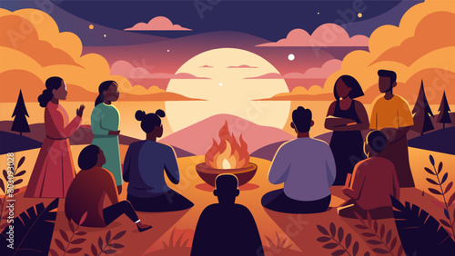 A breathtaking sunset serves as the backdrop for a Juneteenth spiritual service with people gathered around a fire sending prayers and intentions for. Vector illustration