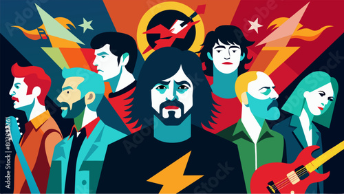 Artwork and posters featuring iconic bands and artists adding to the visual appeal of the event. Vector illustration