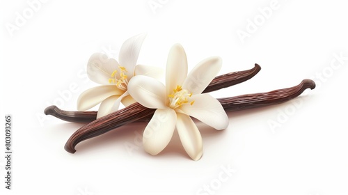 Highly detailed illustration of two white magnolia flowers and three vanilla pods on a light background.