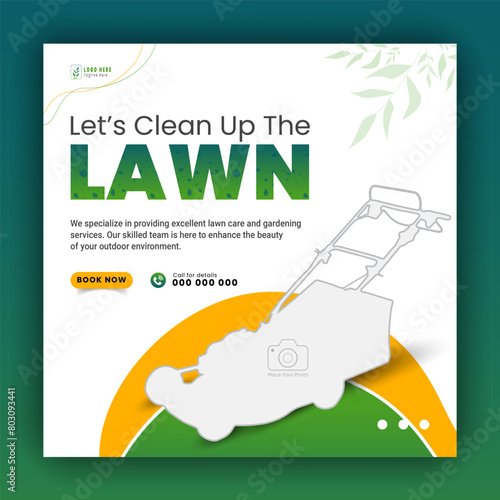 Modern lawn care garden or landscaping service for social media cover or post design template, organic food and agriculture web banner with abstract green gradient and yellow color shapes