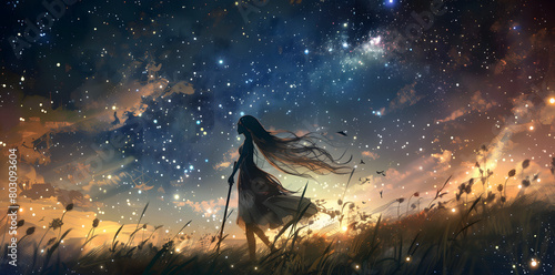 Anime girl with a sword where stars look at the countless night sky
