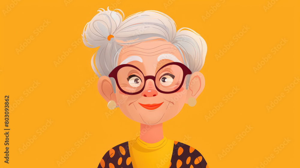 Cute old grandma woman on simple flat yellow background with copy space. Flat illustration style, banner or post template. Cute old grandma woman on simple flat yellow background with copy space. Flat illustration style, banner or post template.