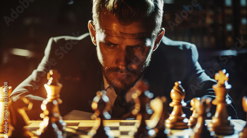Intense man playing chess at night, focusing deeply with a concentrated expression.