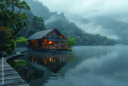 A tranquil lakeside retreat with mist rising from the water, promoting relaxation and inner calm in the mind.