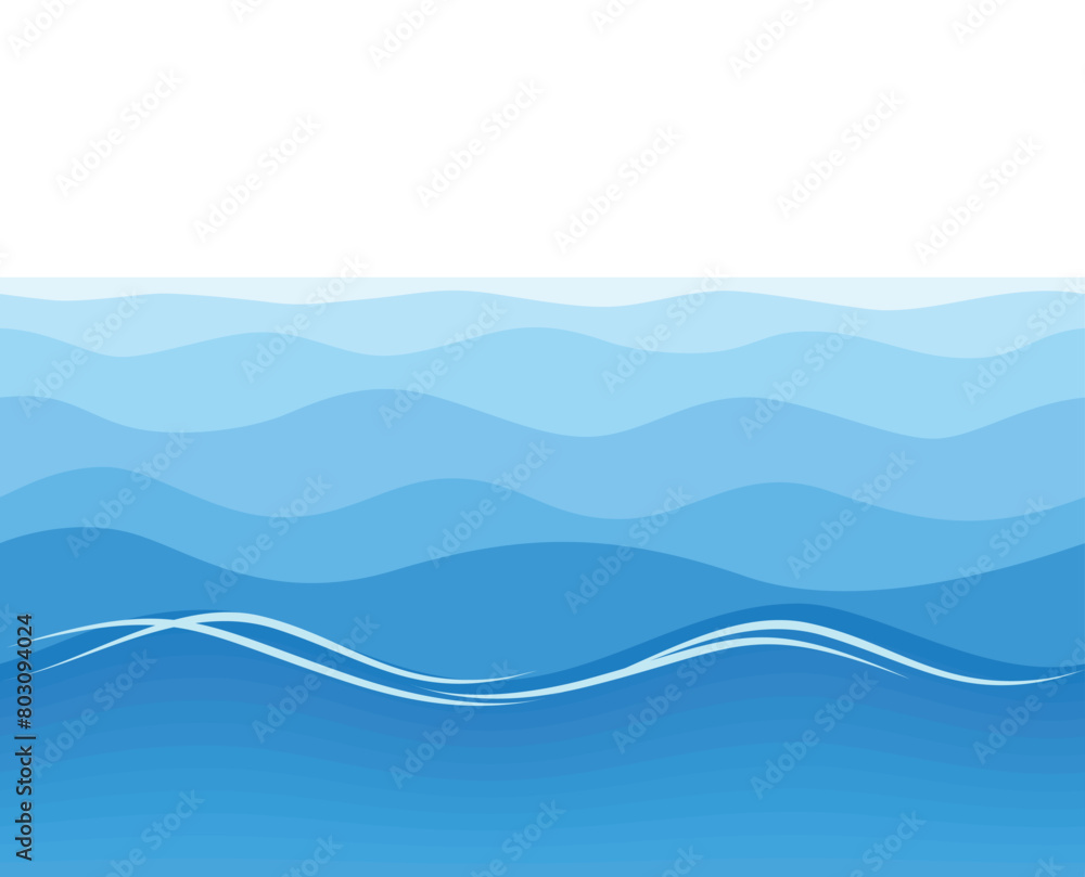Blue sea waters waves to horizon. Ocean or sea underwater background cross section. Vector seamless on transparent layer Blue sea waters waves to horizon. Ocean or sea underwater background cross section. Vector seamless on transparent layer