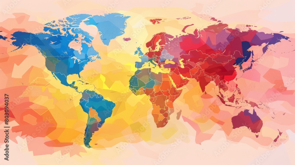 Colorful abstract political map highlighting global borders and territories