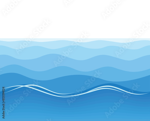 Blue sea waters waves to horizon. Ocean or sea underwater background cross section. Vector seamless on transparent layer