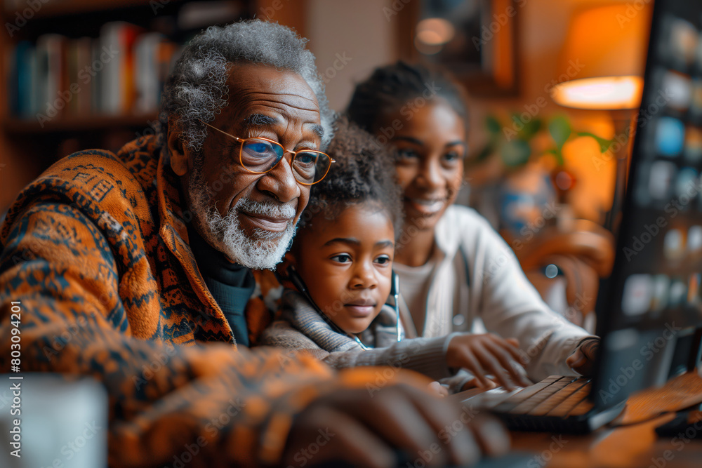 Grandfather and grandchildren on computer. Highlights family interaction with technology and education. Great for lifestyle and learning platforms.