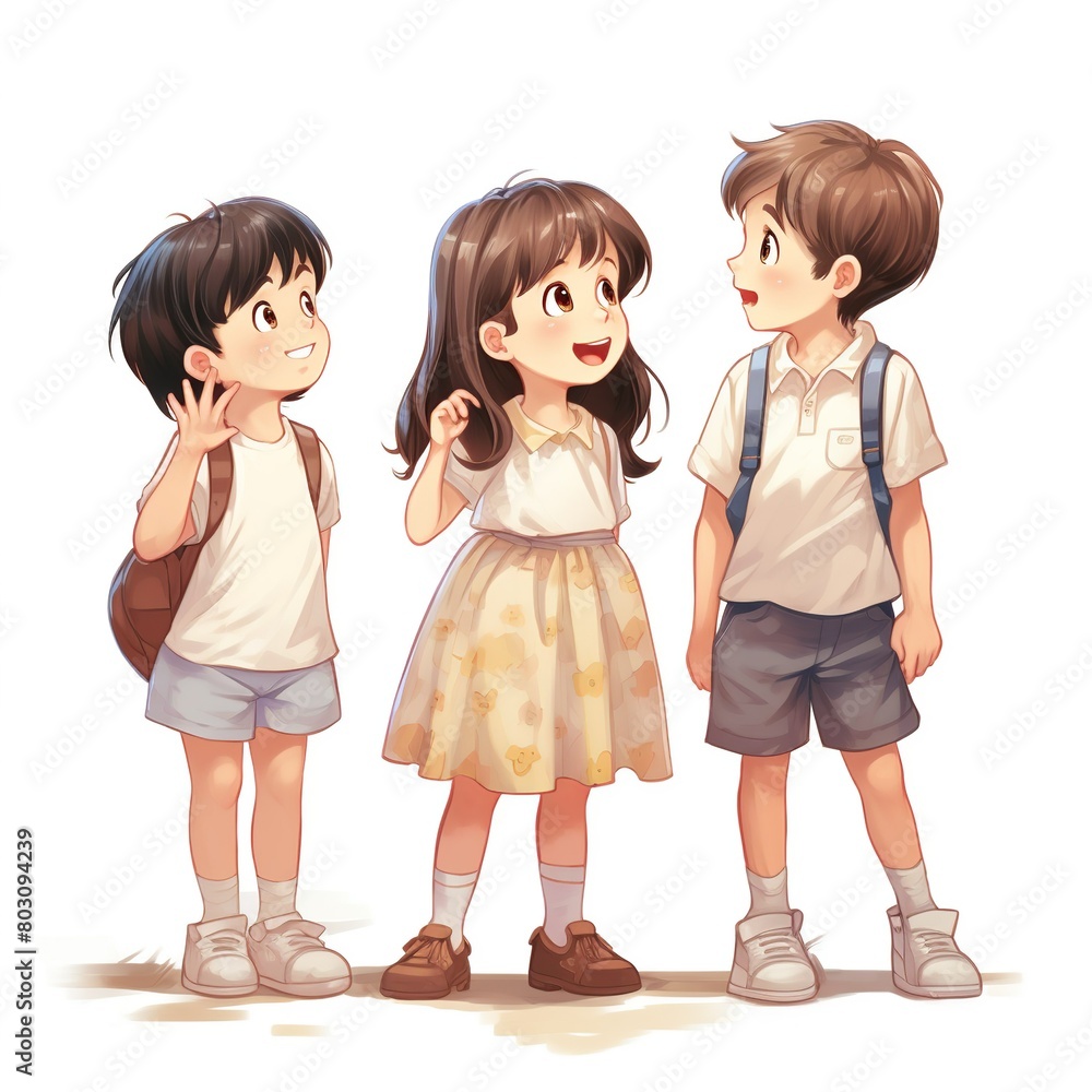 Three children are standing together, one of them is wearing a backpack Three children are standing together, one of them is wearing a backpack