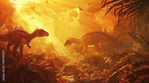 Majestic prehistoric scene with vibrant dinosaurs roaming a lush, sunlit forest photo
