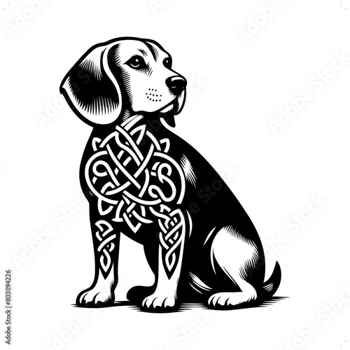 Beagle silhouette in animal celtic knot, irish, nordic illustration