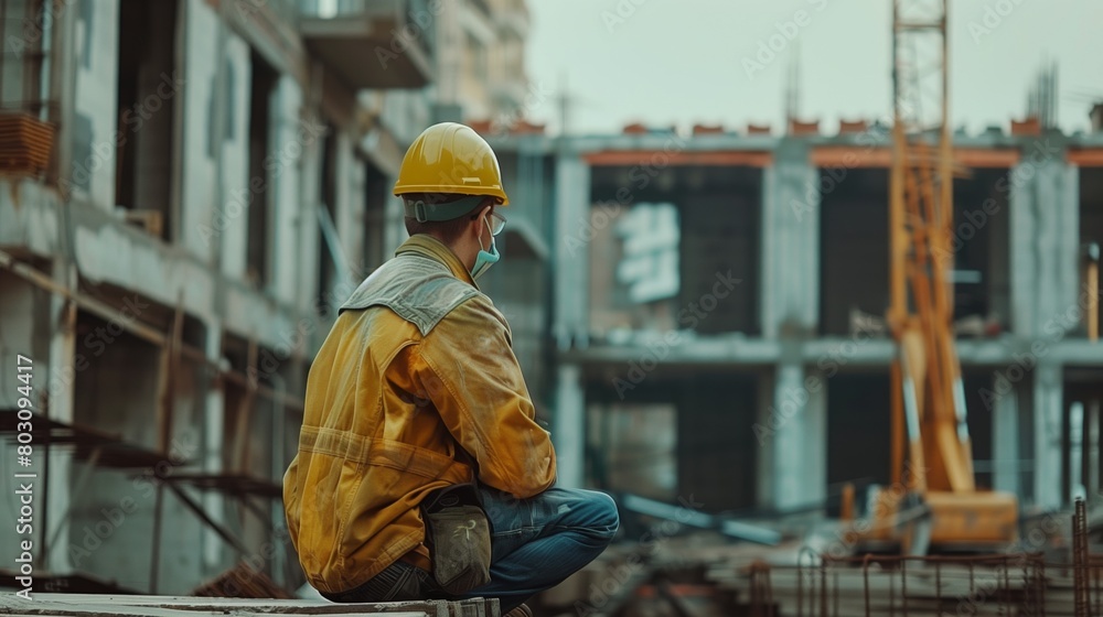 A construction worker in a yellow jacket and helmet sits with his back to the camera, contemplating a building site.