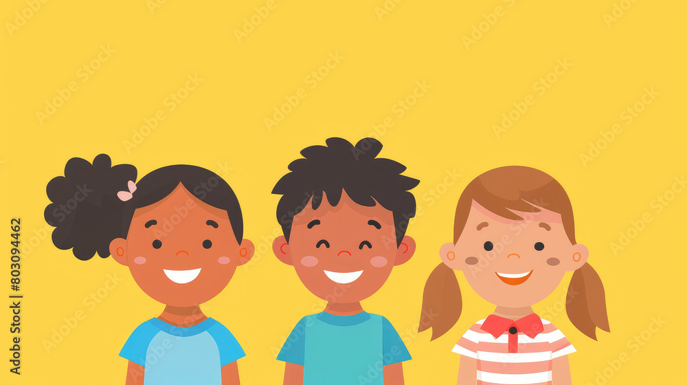 Portrait of a group of cheerful smiling children on simple flat yellow background with copy space. Flat illustration style, banner or post template. Portrait of a group of cheerful smiling children on simple flat yellow background with copy space. Flat illustration style, banner or post template.