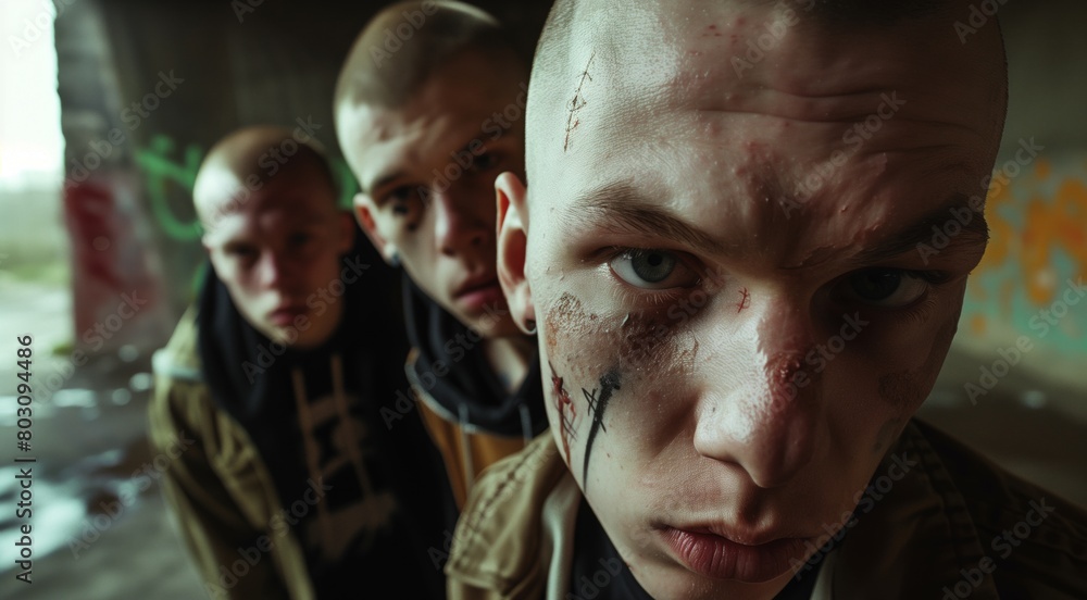 © OMD - Gritty close-up of three young men with shaved heads and bruised faces in a graffiti-filled urban setting. © OMD - Gritty close-up of three young men with shaved heads and bruised faces in a graffiti-filled urban setting.