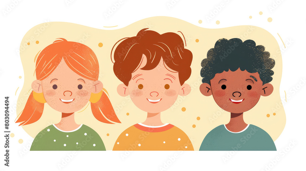 Portrait of a group of cheerful smiling children on simple flat background with copy space. Flat illustration style, banner or post template. Portrait of a group of cheerful smiling children on simple flat background with copy space. Flat illustration style, banner or post template.
