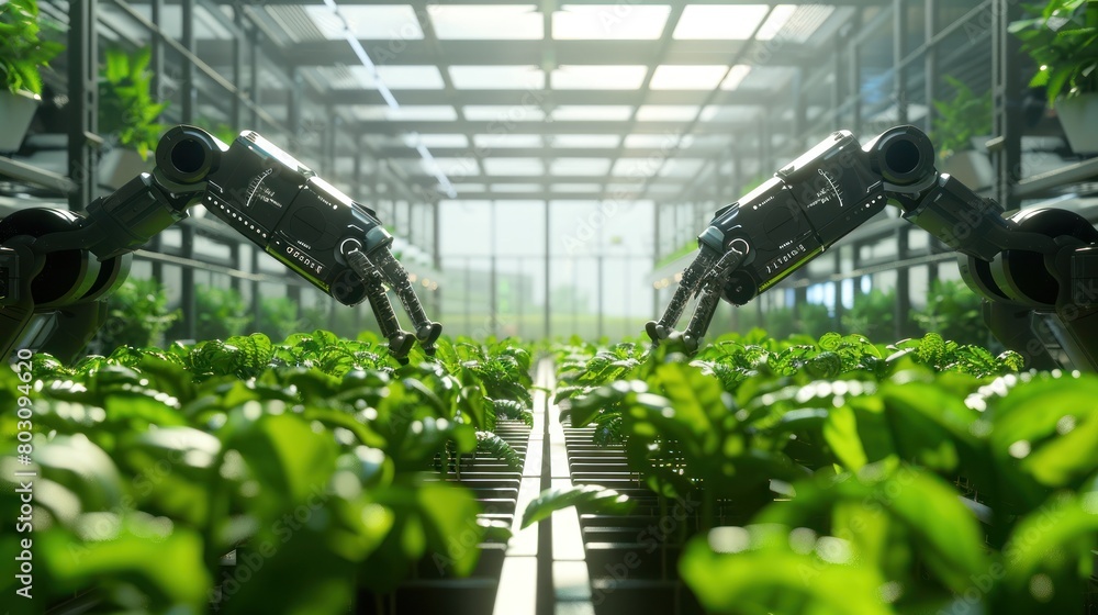 Smart robotic tending to an indoor farm with rows of green plants. Modern technology in agriculture. Future farming landscapes.