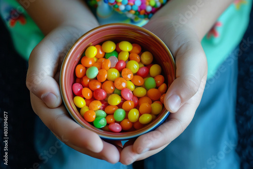 Close-up bowl with a colorful candy in kid's hands. AI generative