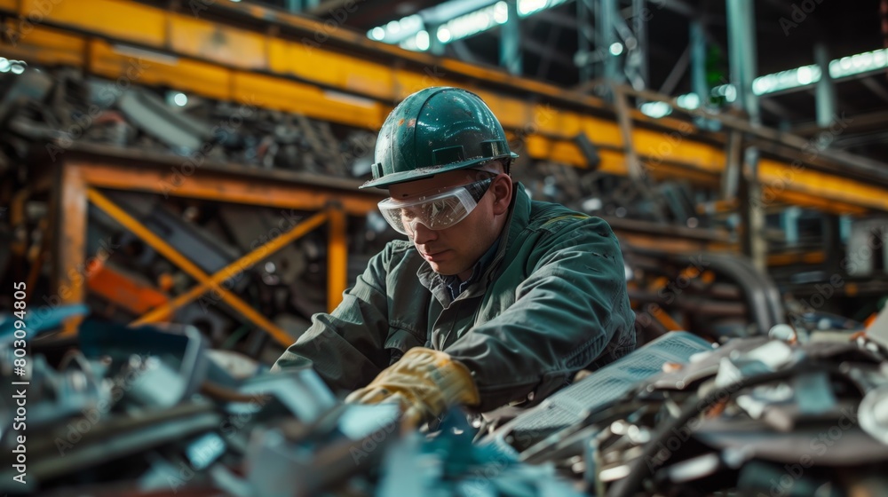 Focused factory worker in green overalls inspecting machinery in an industrial setting. Focused factory worker in green overalls inspecting machinery in an industrial setting.