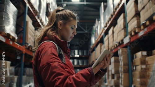 Female worker in a warehouse using a tablet to check the stock of boxes and prepare goods for delivery.