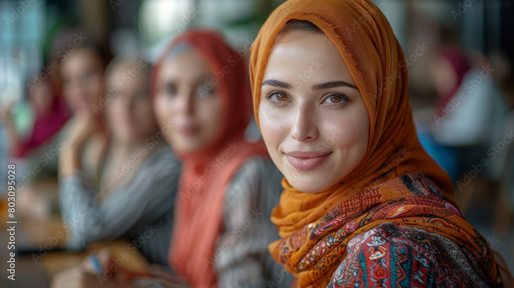 Inspirational Warmth and Wisdom. A poised woman in a vibrant hijab with an engaging smile. Inspirational Warmth and Wisdom. A poised woman in a vibrant hijab with an engaging smile.