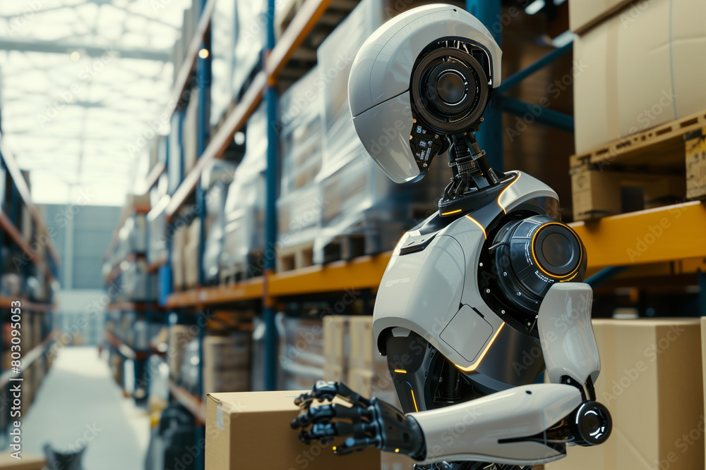 Fototapeta premium A robot is standing in a warehouse, holding a box
