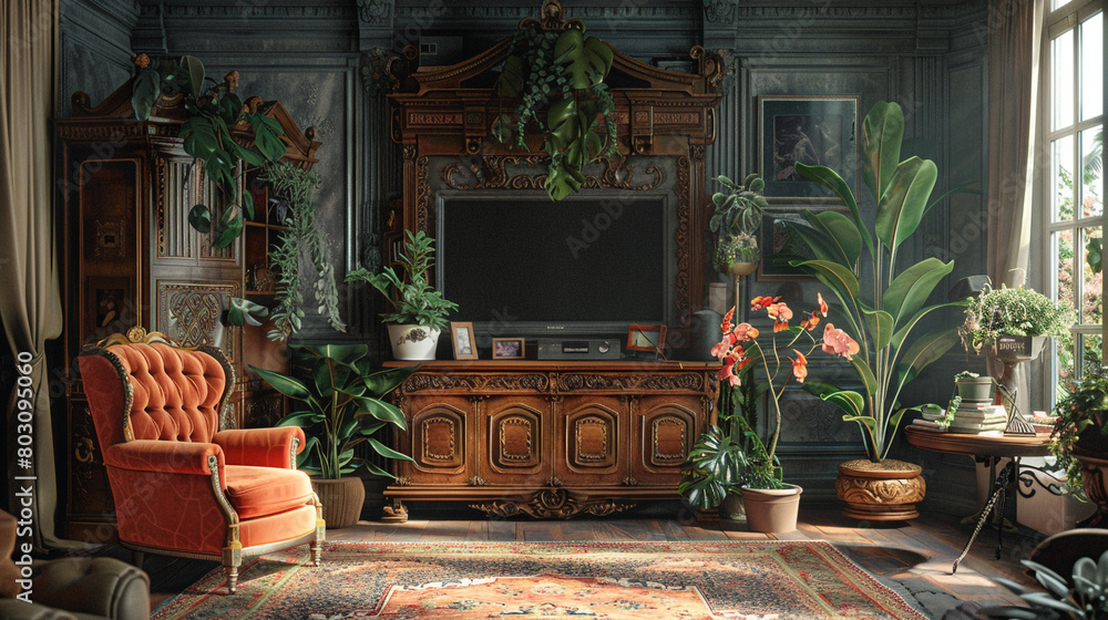 A cozy TV nook with a plush armchair, a pair of potted orchids, and a vintage-inspired TV cabinet with ornate carvings.