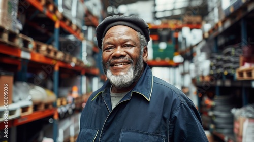 Smiling portrait of a middle aged African worker in warehouse uniform working in a warehouse ai generative © JovialFox
