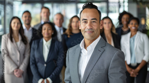 Charismatic Leader with His Diverse Team at Work. A charming male executive stands confidently in front of his diverse team, symbolizing inclusive leadership in the modern workplace.