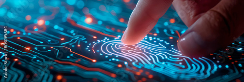 Interactive Digital Fingerprint Analysis. Close-up of a fingertip interacting with a vibrant electronic fingerprint scanner. photo