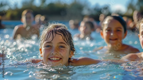 Joyful young girl with wet hair smiling in a sunny swimming pool surrounded by friends. © Natalia