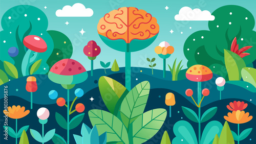 The garden is filled with a variety of plants that symbolize growth and renewal mirroring the positive effects of ketamine on the brain..