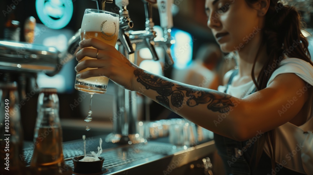Tattooed female bartender pouring a fresh beer from a tap in a modern bar illuminated by blue lights.
