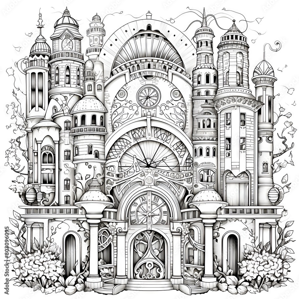 Coloring book page for kids and adults of a detailed and intricate castle with a clock tower surrounded by trees and has a large clock on the front.