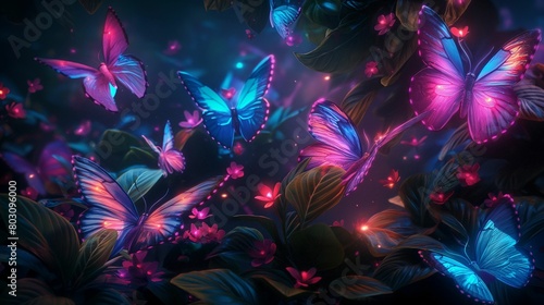 Glowing neon butterflies in a mystical dark forest setting.