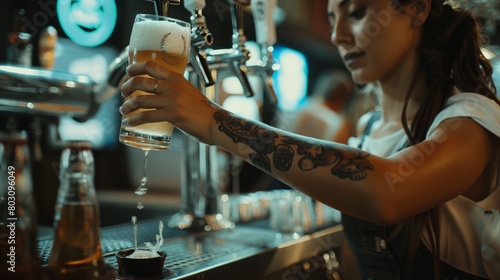 Tattooed female bartender pouring a fresh beer from a tap in a modern bar illuminated by blue lights.