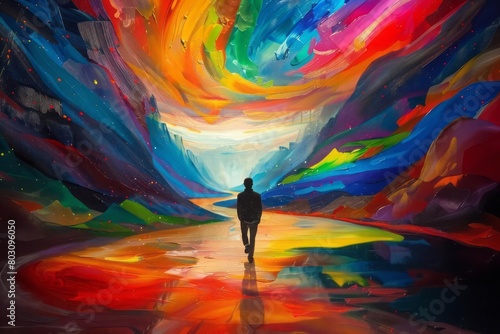 A person traveling through a canvas that he himself paints, creating a path through vibrant and creative worlds, symbolizing a path to self-expression and inspiration photo